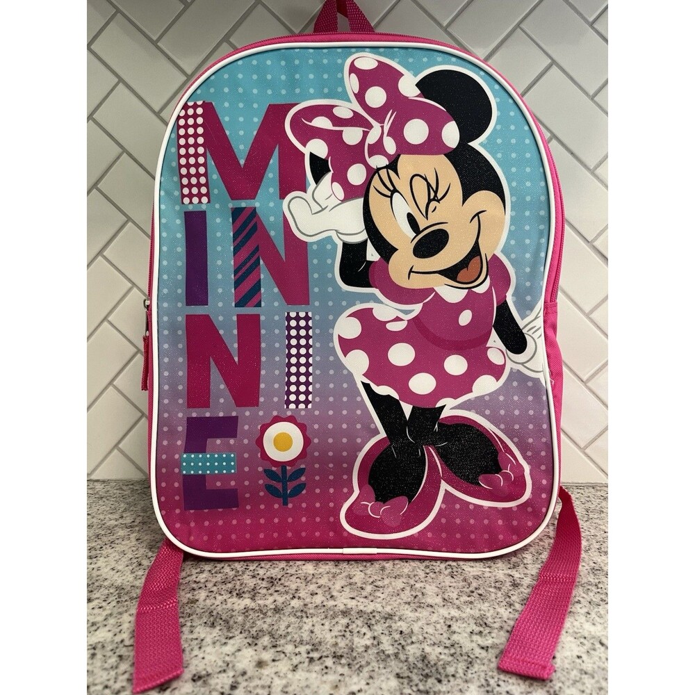 Disney Minnie Mouse Backpack Pink Blue Polka Dot Glitter Girls 15” School Bag